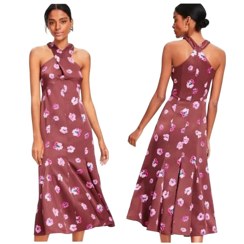 Loft Womens Ikat Buttercup Satin Godet Halter Midi Dress Size 10 NWT Brown Pink